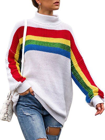 

Colorblock Drop Shoulder Turtleneck Longline Sweater, White