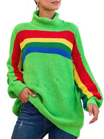 

Colorblock Drop Shoulder Turtleneck Longline Sweater, Yellow green