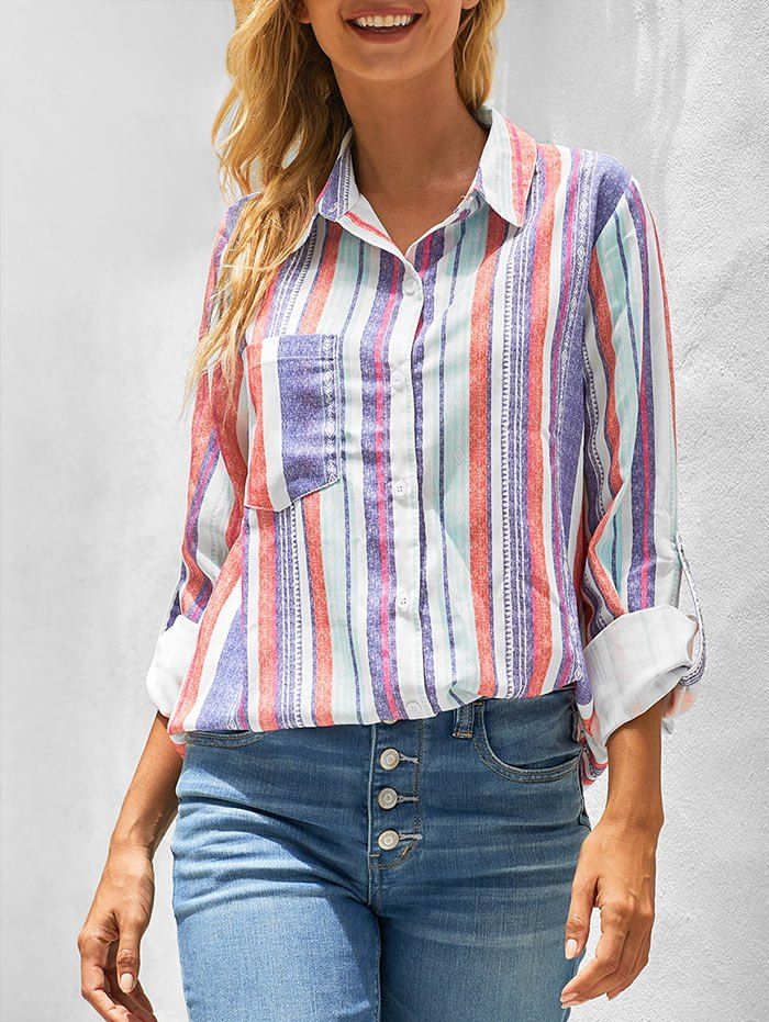 

Pocket Striped Roll Up Sleeve Longline Shirt, Multi-a