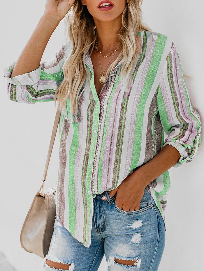 

Pocket Striped Roll Up Sleeve Longline Shirt, Multi-b