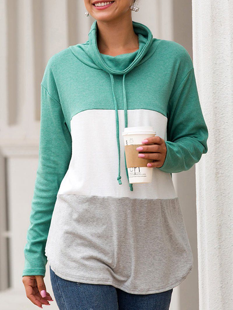

Cowl Neck Drawstring Longline Three Tone Sweatshirt, Light sea green