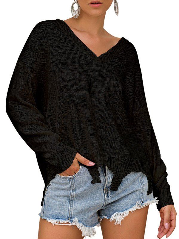 

V Neck Raw Hem Drop Shoulder Sweater, Black