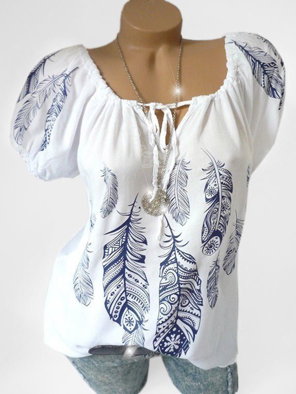 

Plus Size Feather Print Front Tie Blouse, White