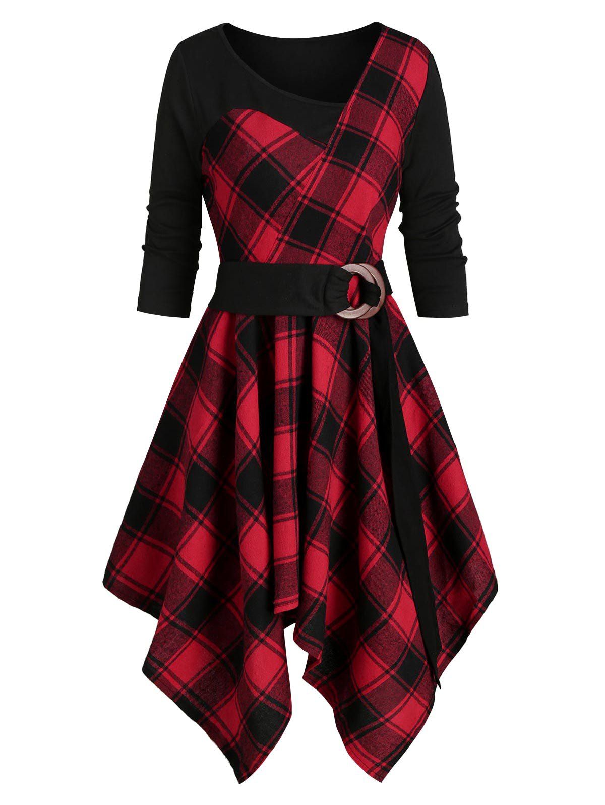 Plaid Asymmetrical Belted Dress, Red wine