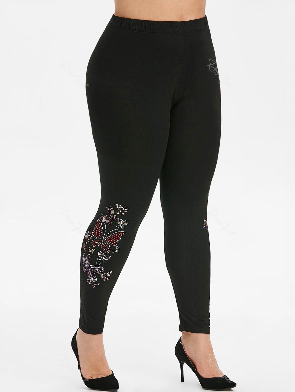 

High Waisted Butterfly Rhinestone Plus Size Leggings, Black