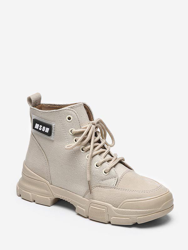 

Letter Graphic Cloth Cargo Boots, Beige