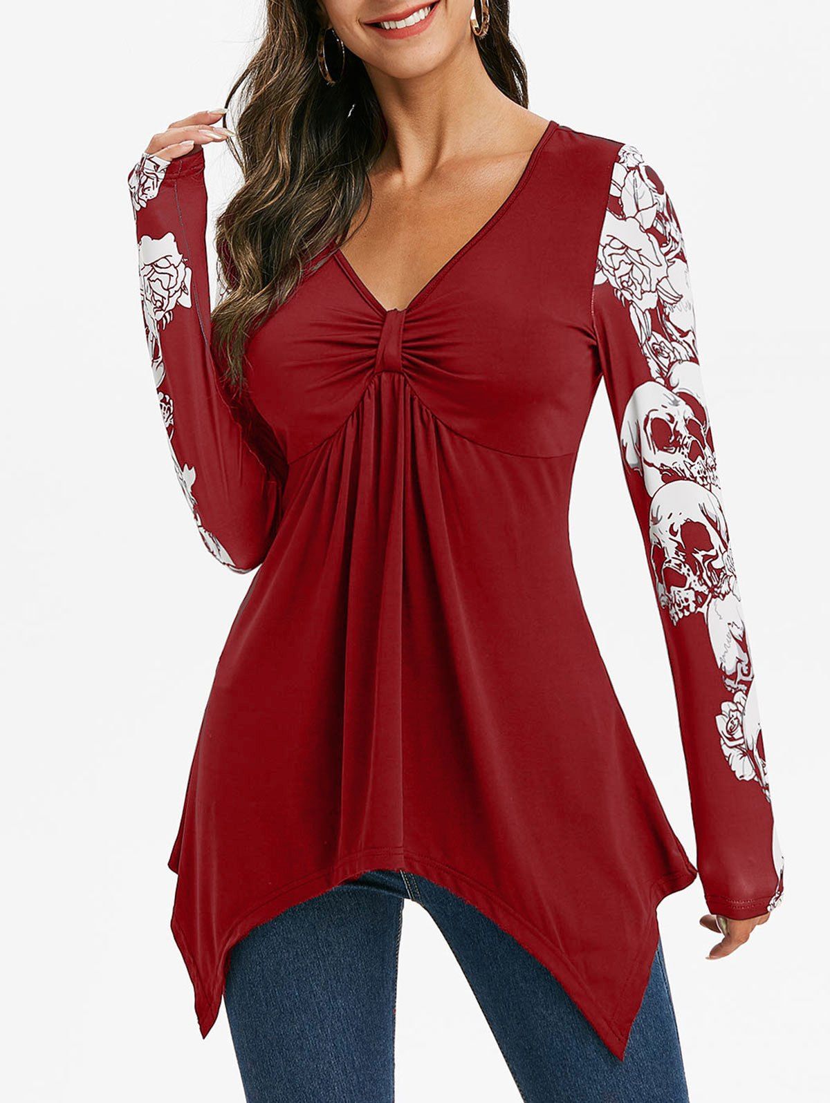 

Front Knot Floral Skull Print Halloween Hanky T Shirt, Red wine