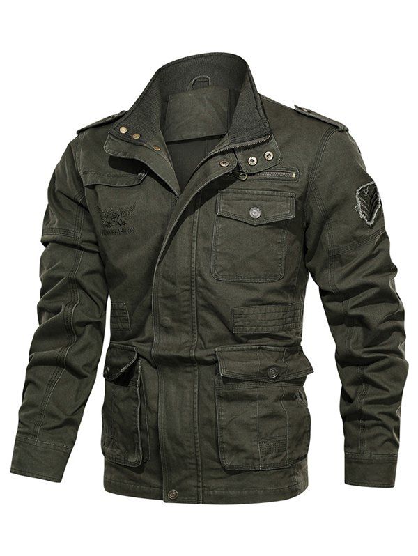 

Plain Embroidery Zip Up Cargo Jacket, Army green