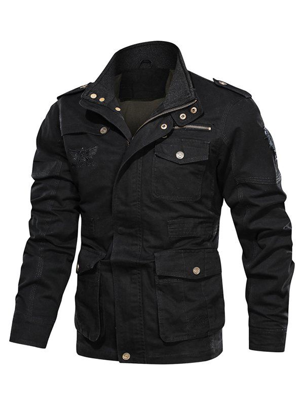 

Plain Embroidery Zip Up Cargo Jacket, Black