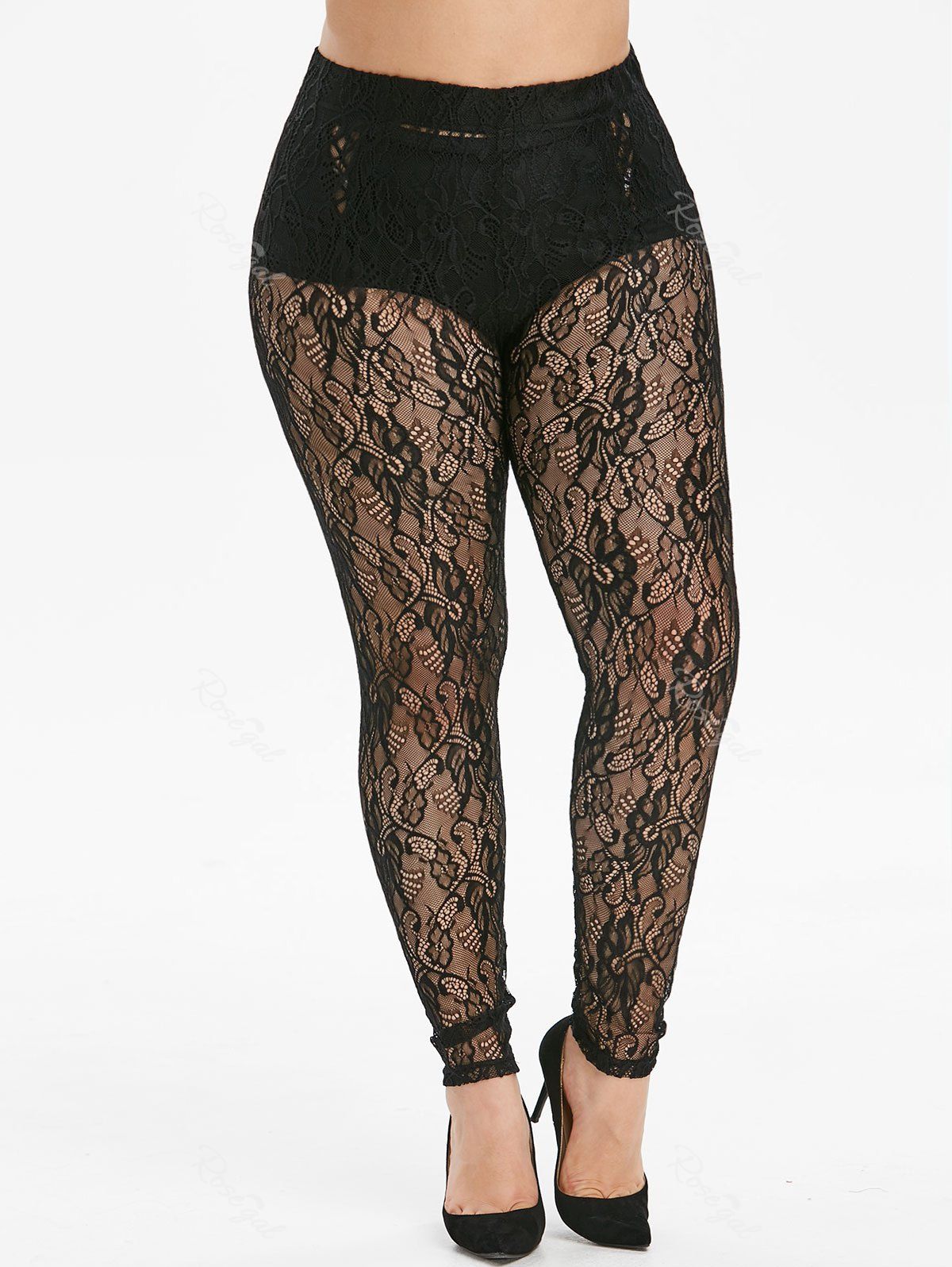 

Openwork High Waisted Lace Plus Size Leggings, Black