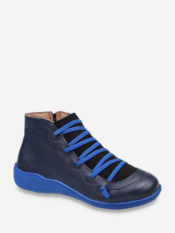 

Criss-cross Patch Round Toe Ankle Boots, Blue