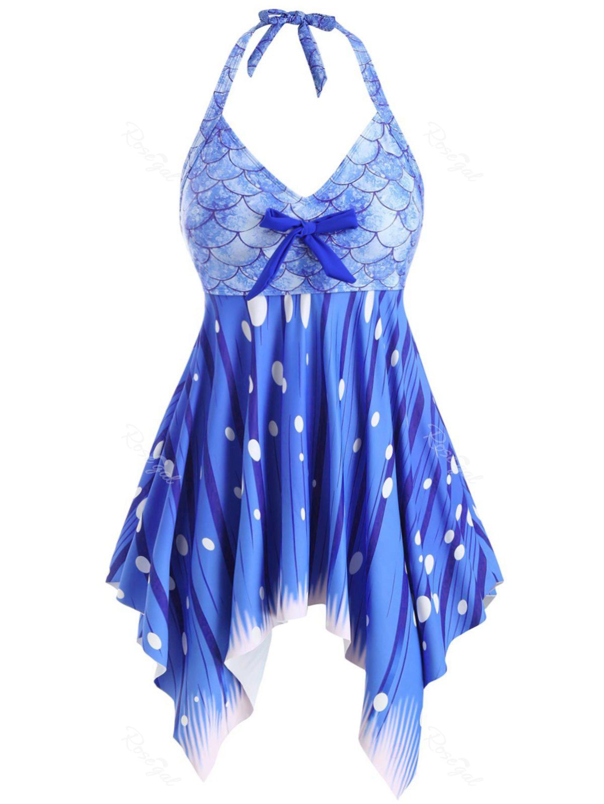 

Bowknot Halter Mermaid Scales Printed Plus Size Tankini Swimsuit, Blue