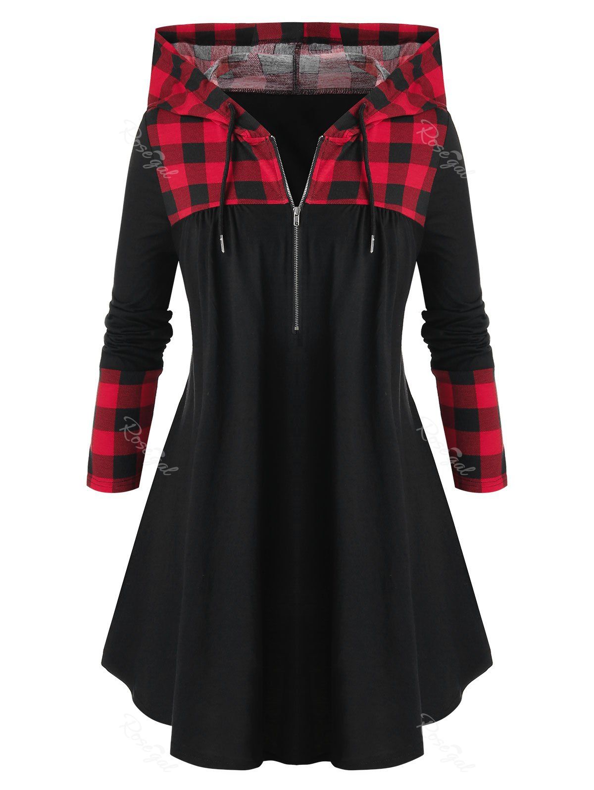 Plus Size Half Zip Drawstring Plaid Hoodie, Black