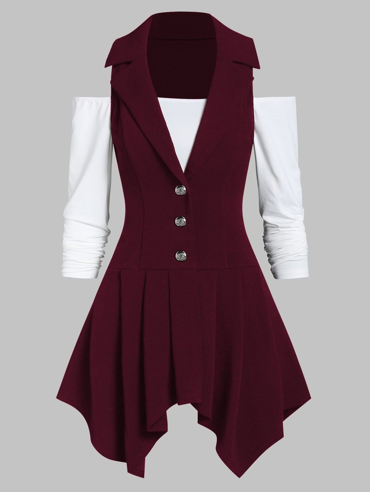 

Off The Shoulder Solid T Shirt with Asymmetrical Vest, Red wine