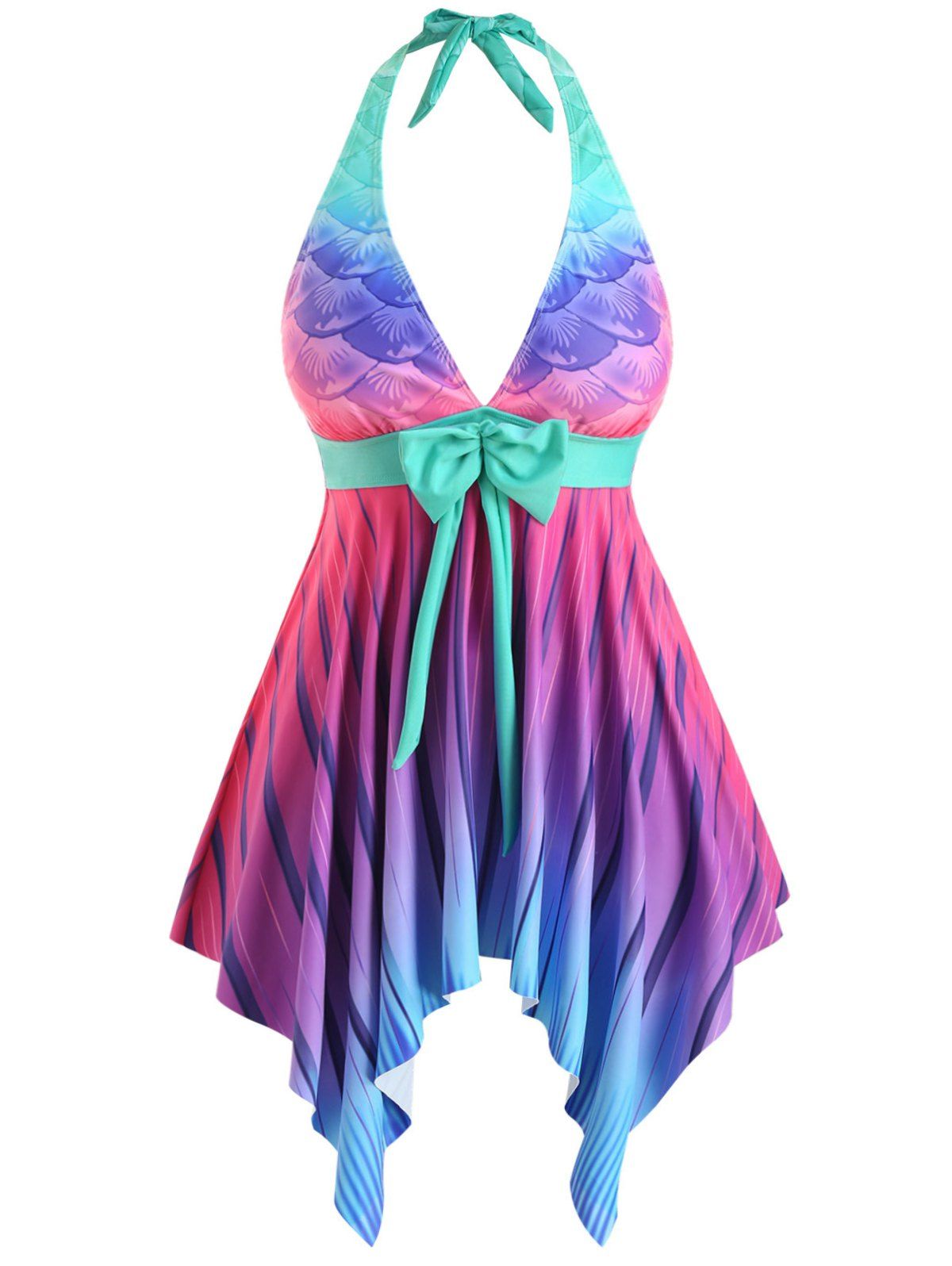 

Bowknot Halter Mermaid Scales Ombre Stripes Plus Size Tankini Swimsuit, Pink