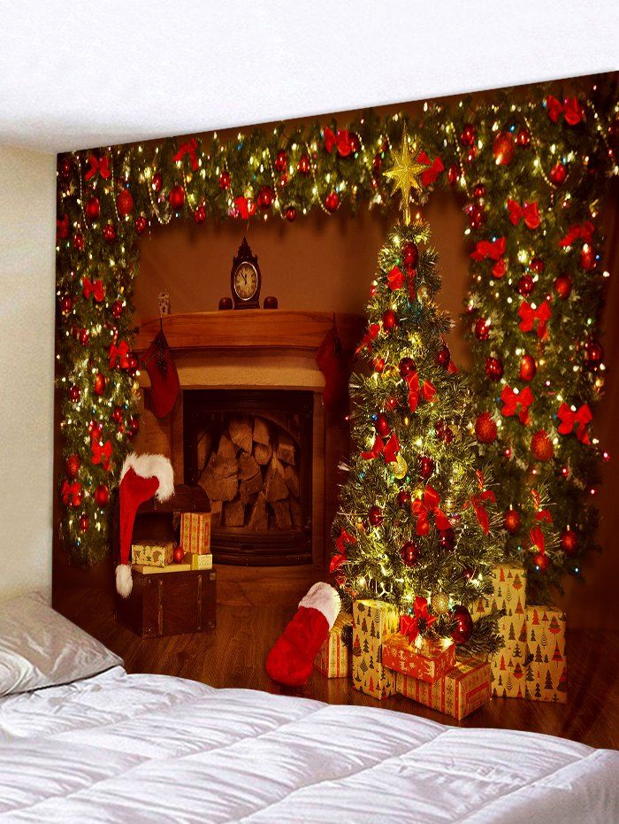 

Christmas Tree Gifts Fireplace Print Tapestry Wall Hanging Art Decoration, Blood red