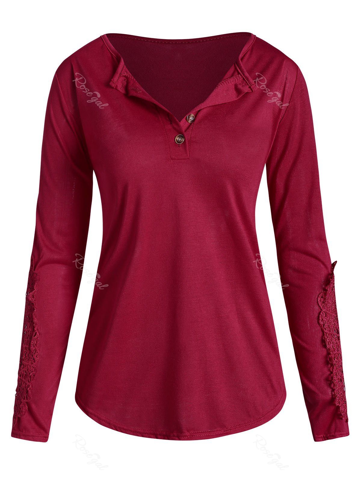 

Plus Size Lace Insert Half Button T Shirt, Red