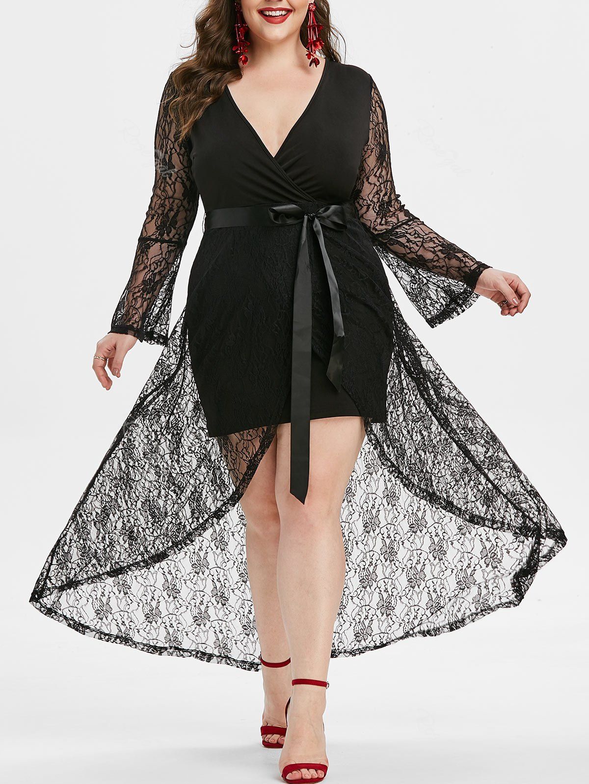 

Plus Size Plunging Neck Bell Sleeves Lace Overlay High Low Prom Dress, Black