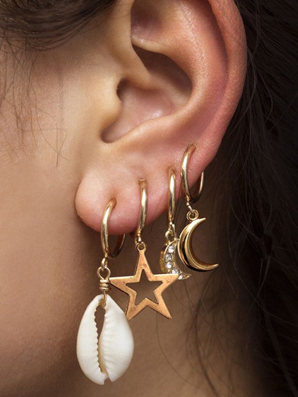 

4Pcs Stars Moon Shell Drop Earrings Set, Gold