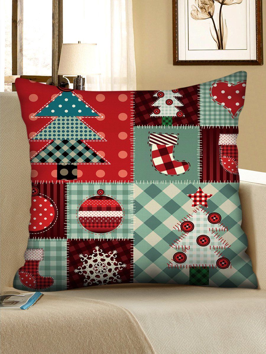 

Christmas Elements Patchwork Pattern Decorative Pillowcase, Multi