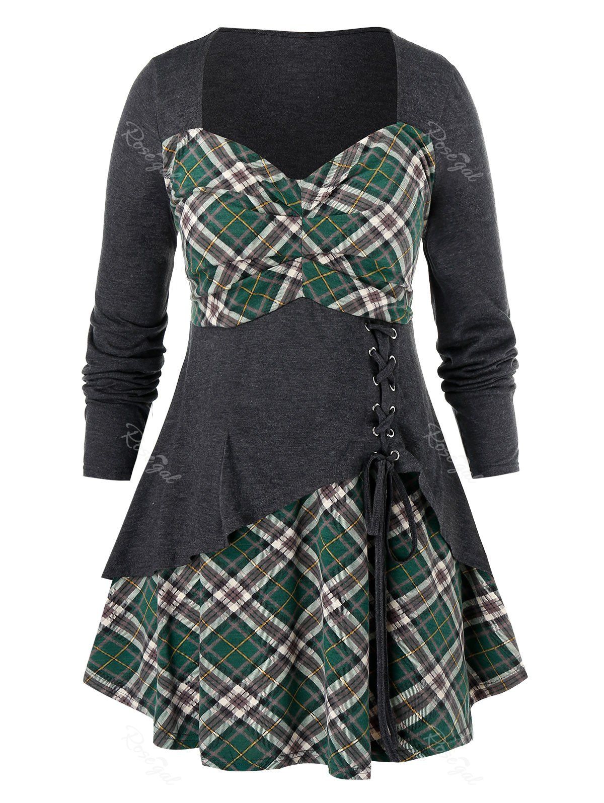 

Plus Size Plaid Lace Up Tunic T Shirt, Gray