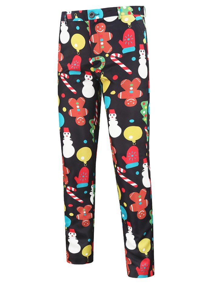 

Cartoon Snowman Pattern Chino Pants, Black