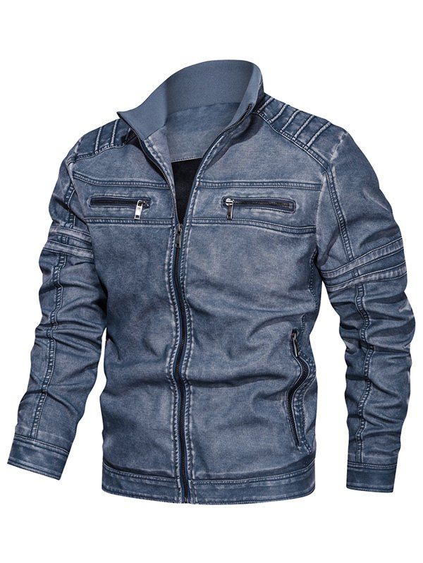 

Solid Color Zipper Pocket Decorated Jacket, Slate blue