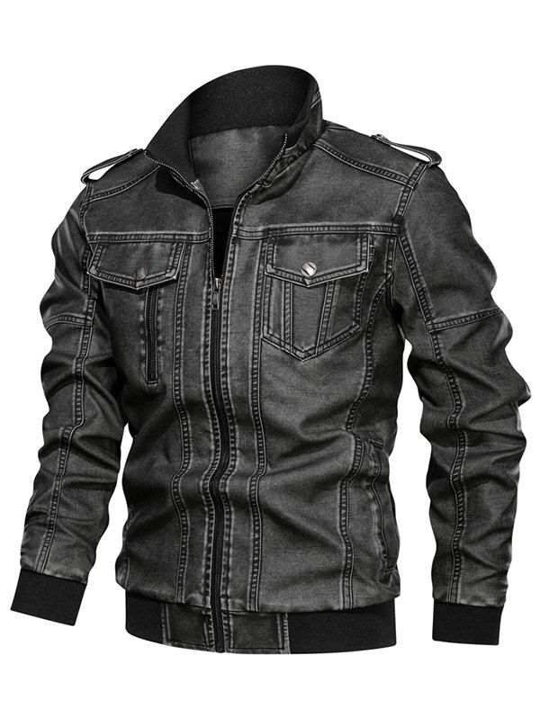 

Solid Color Faux Leather Cargo Jacket, Black