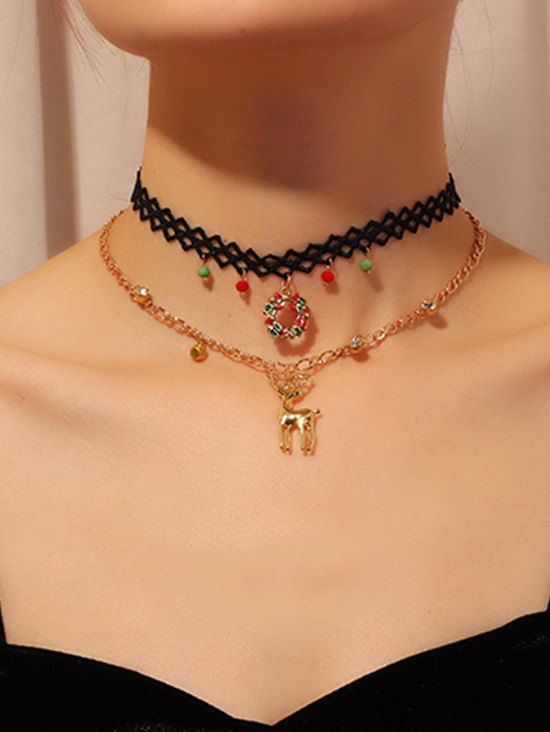 

2Pcs Christmas Deer Garland Lace Necklace Set, Gold