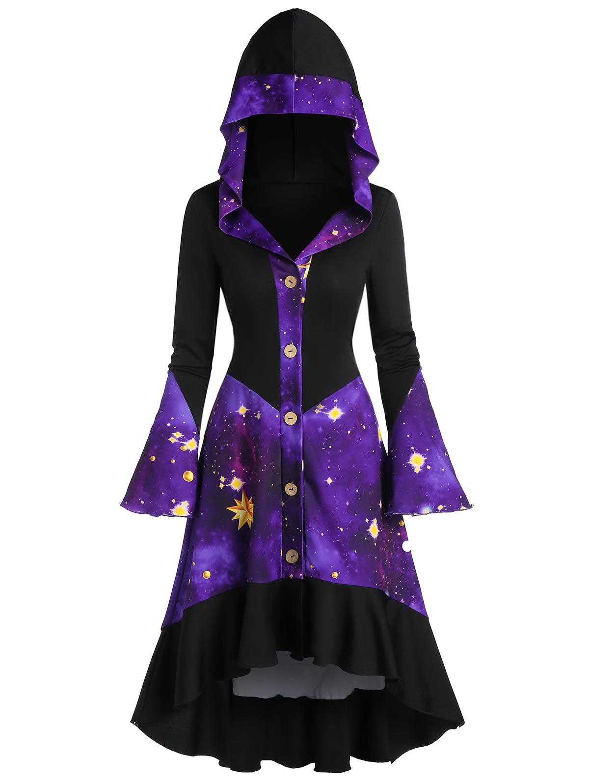 

Galaxy Print Flare Sleeve Hooded Button Up High Low Coat, Light slate blue