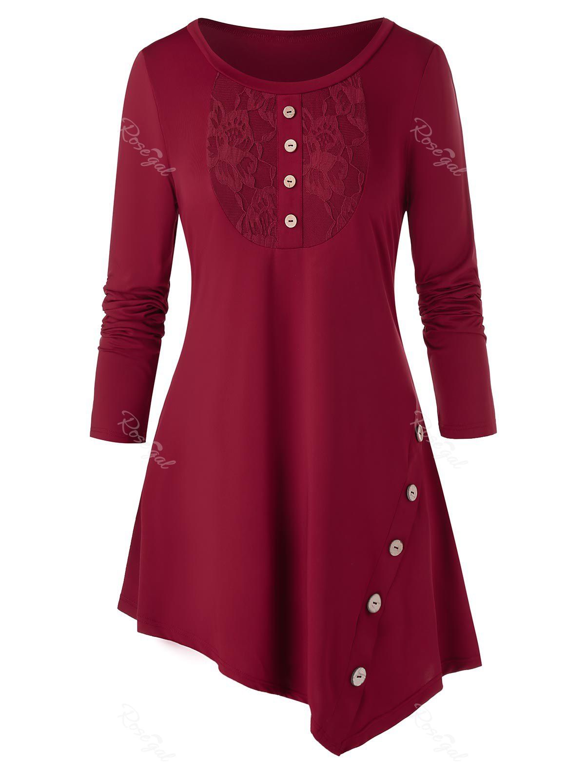 

Plus Size Asymmetrical Lace Panel Mock Button Tunic Tee, Valentine red