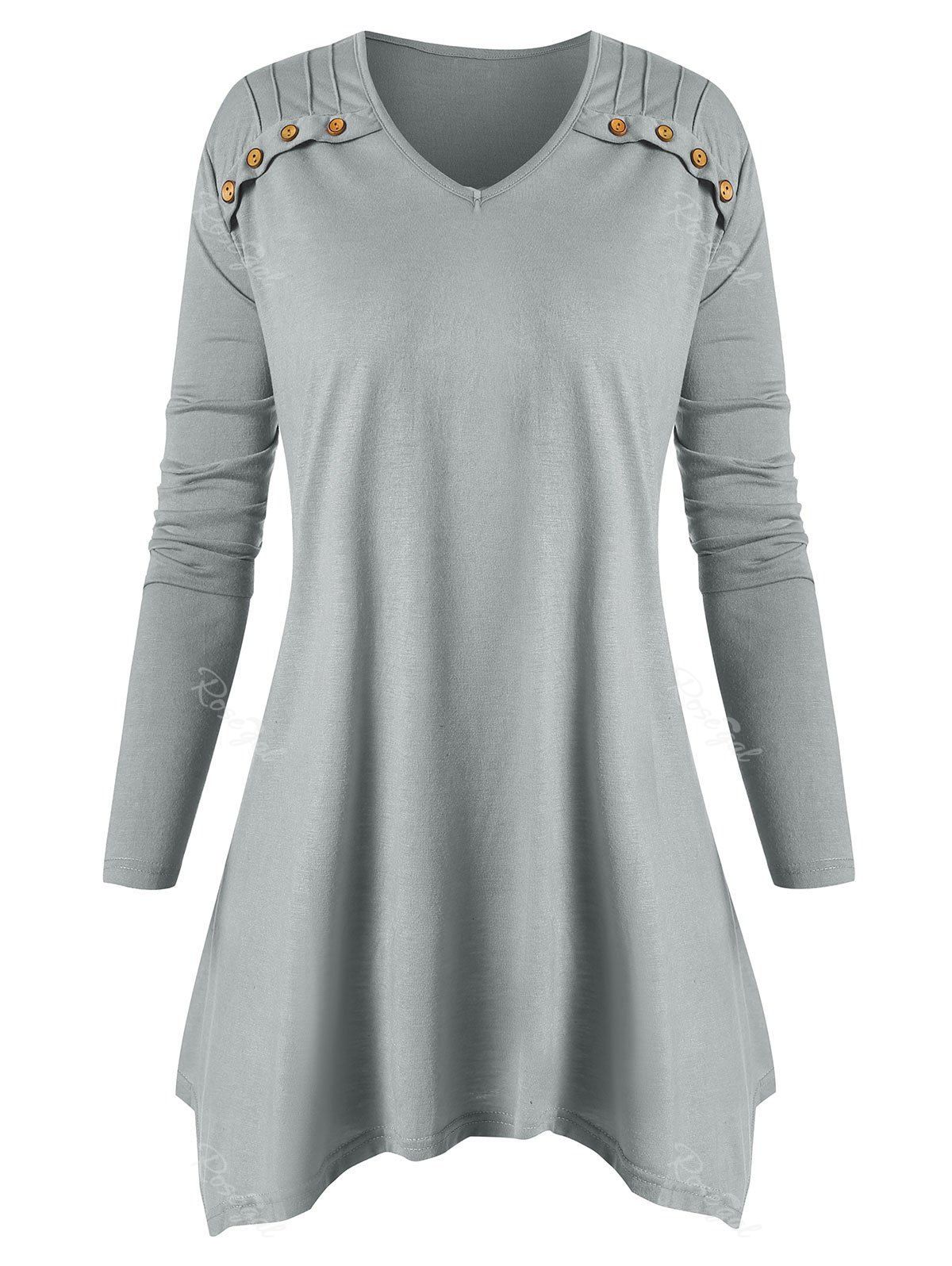 

Plus Size Buttons Asymmetric V Neck Tee, Gray cloud