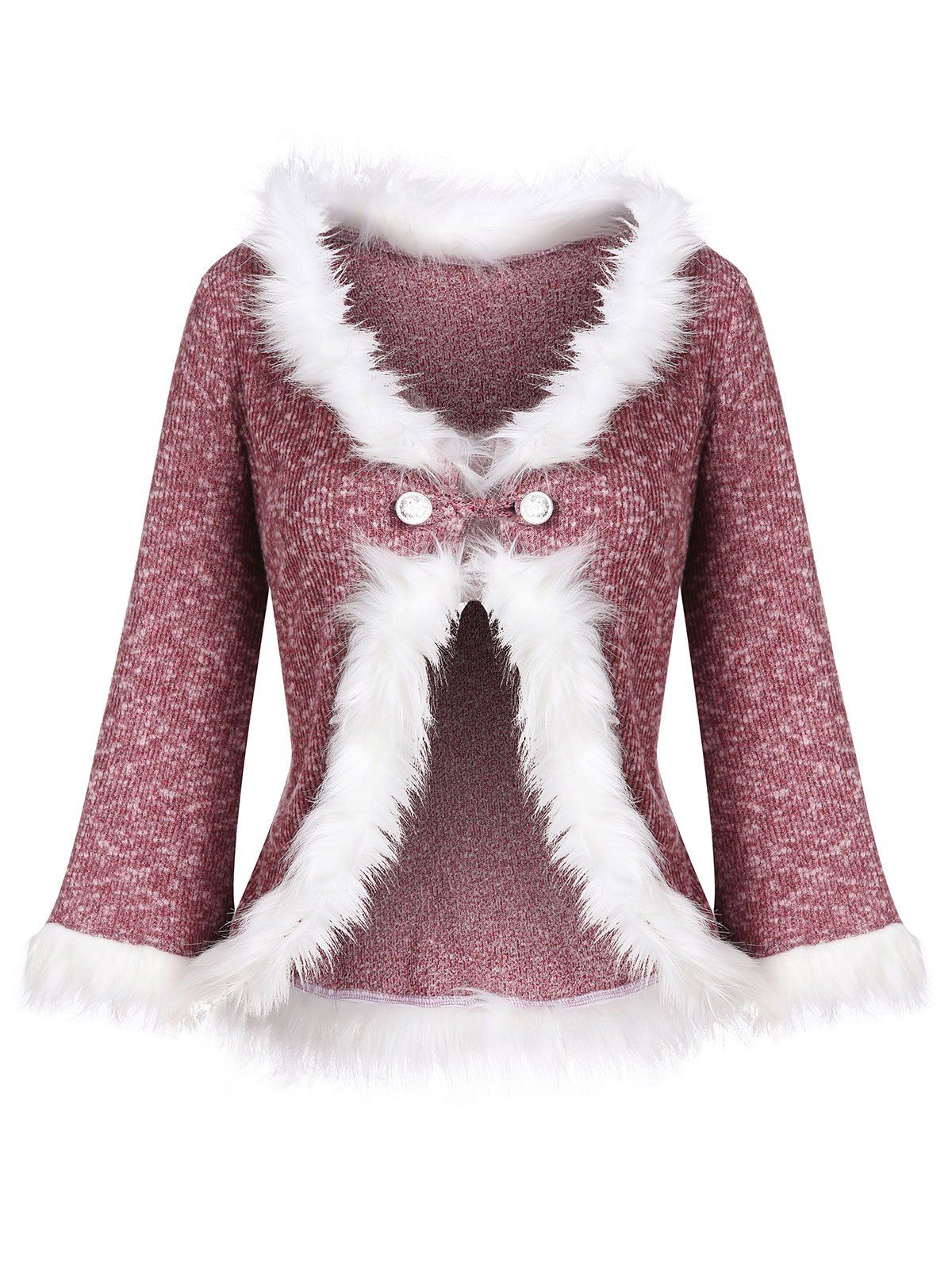 

Loop Button Faux Fur Trim Heather Knit Cardigan, Red