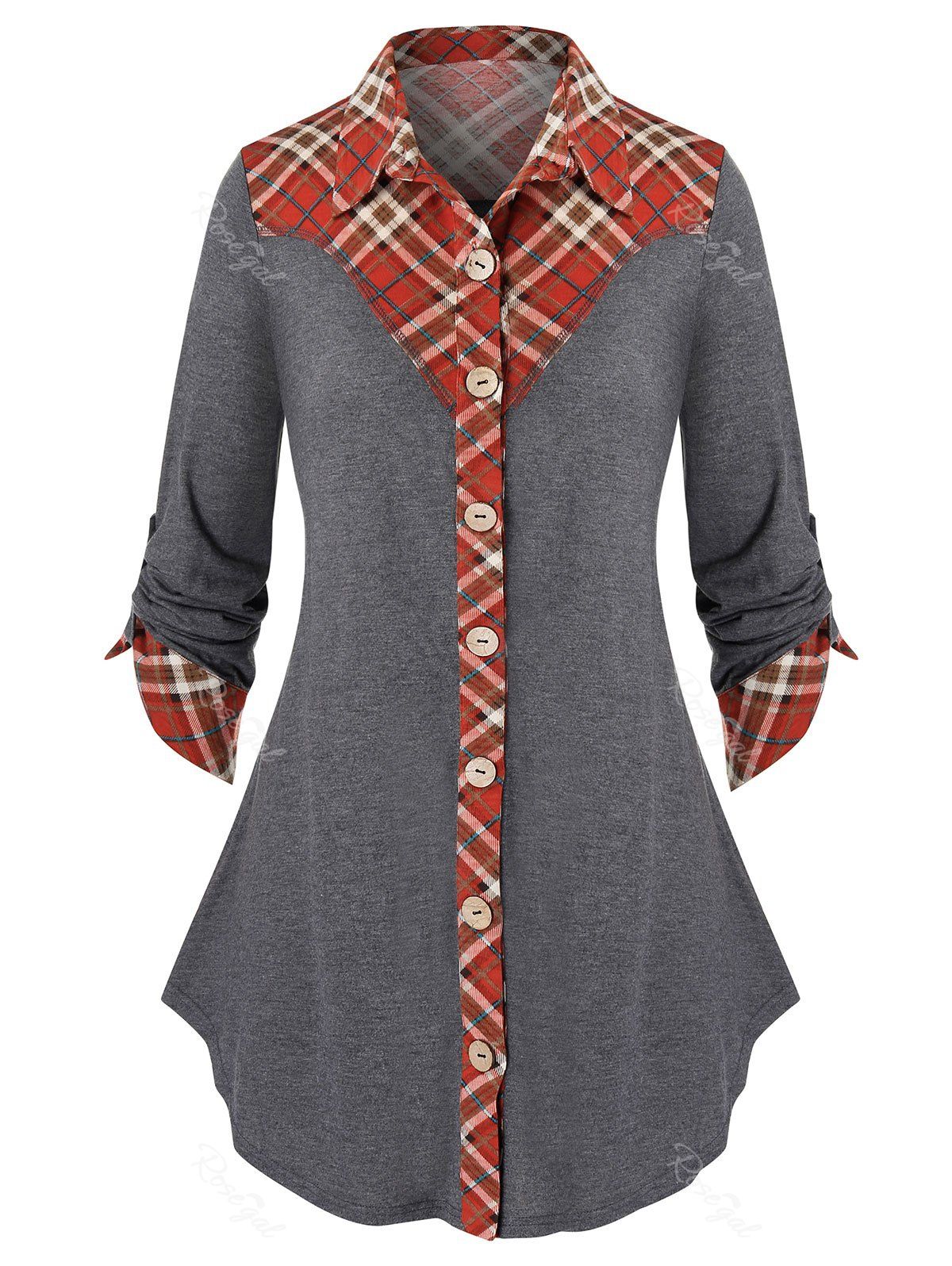 

Plus Size Plaid Roll Up Sleeve Tunic Shirt, Gray
