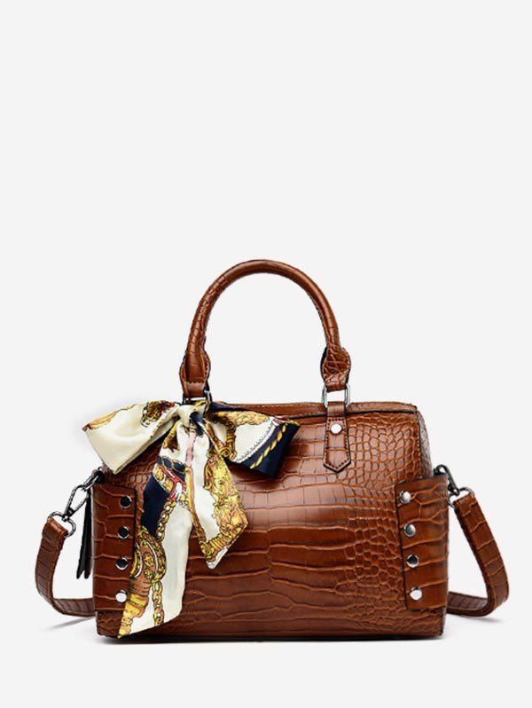 

Ribbon Bowknot Rivet Handbag, Brown