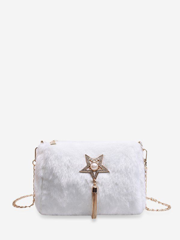 

Rhinestone Star Faux Fur Chain Crossbody Bag, White