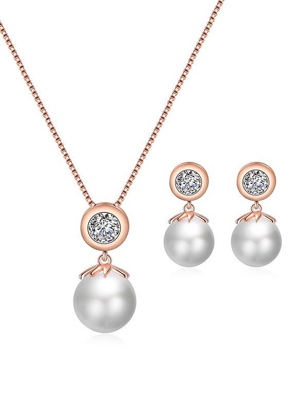 

Rhinestone Faux Pearl Necklace and Earrings, Rose gold