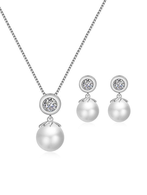 

Rhinestone Faux Pearl Necklace and Earrings, Silver