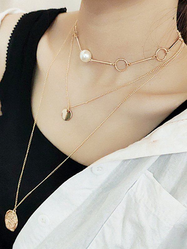 

Faux Pearl Portrait Pendant Layers Necklace, Gold