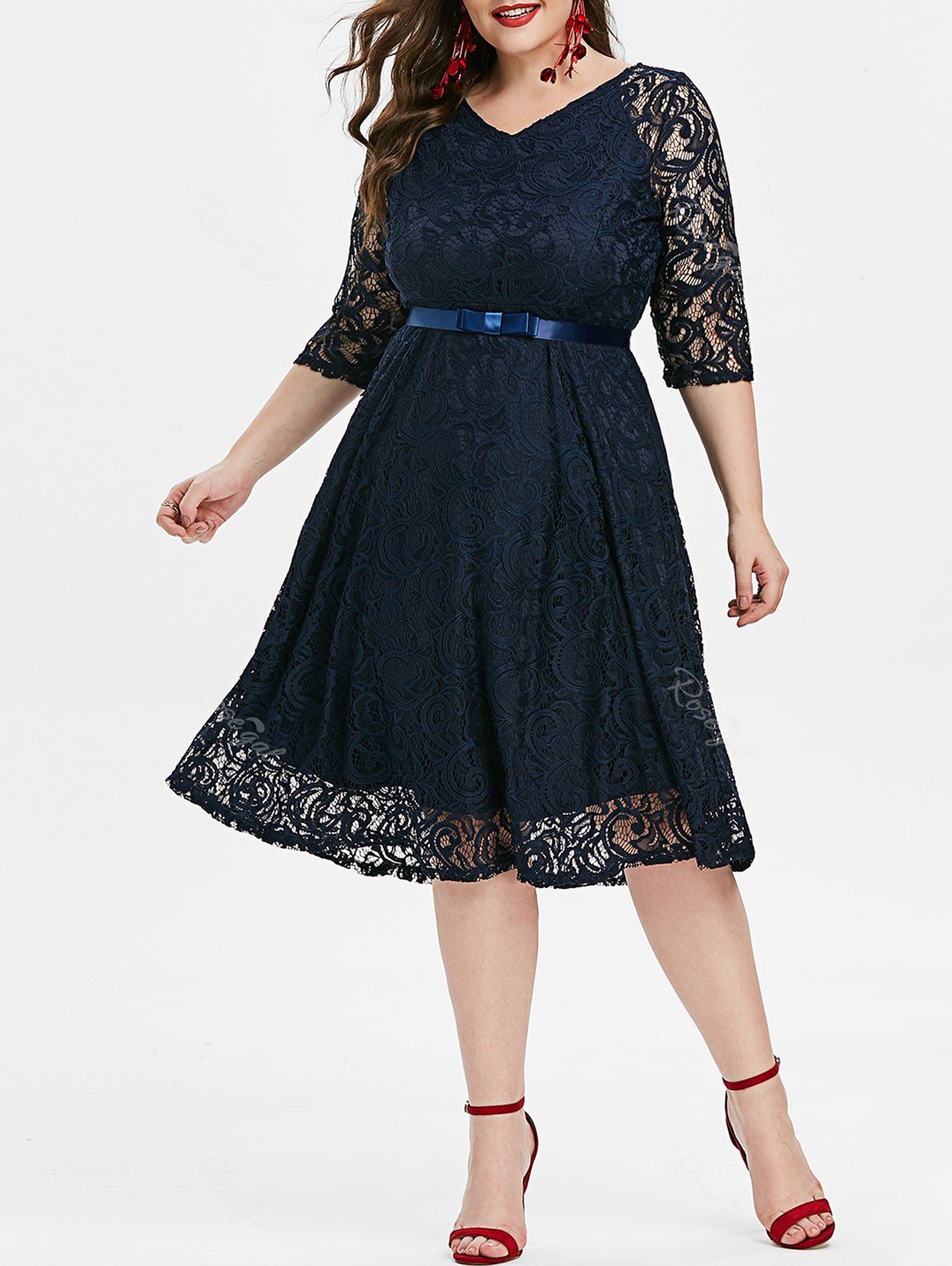 Plus Size Lace Midi Prom Dress [34 Off] Rosegal