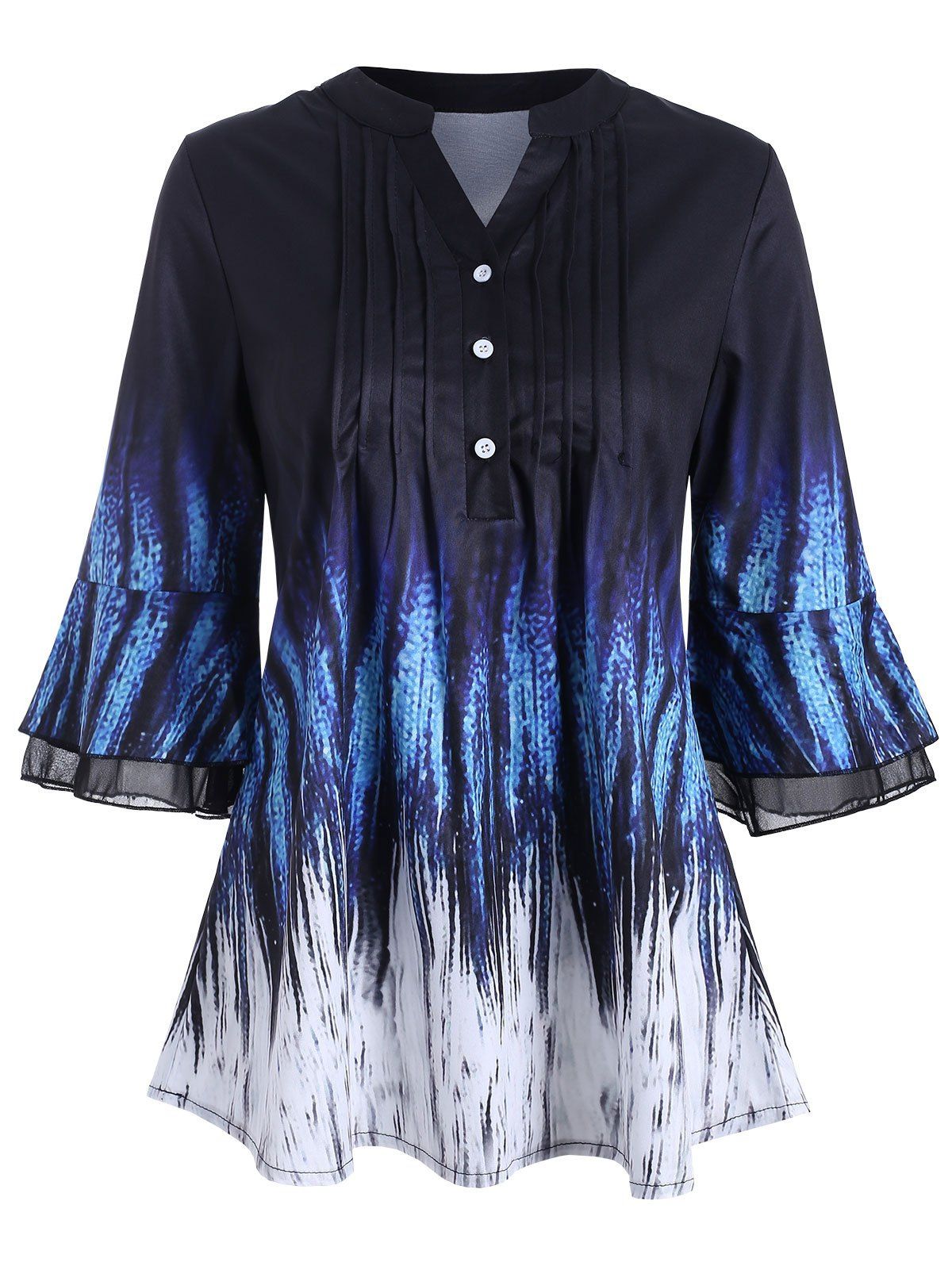 

V-notch Pleated Printed Tunic Blouse, Black