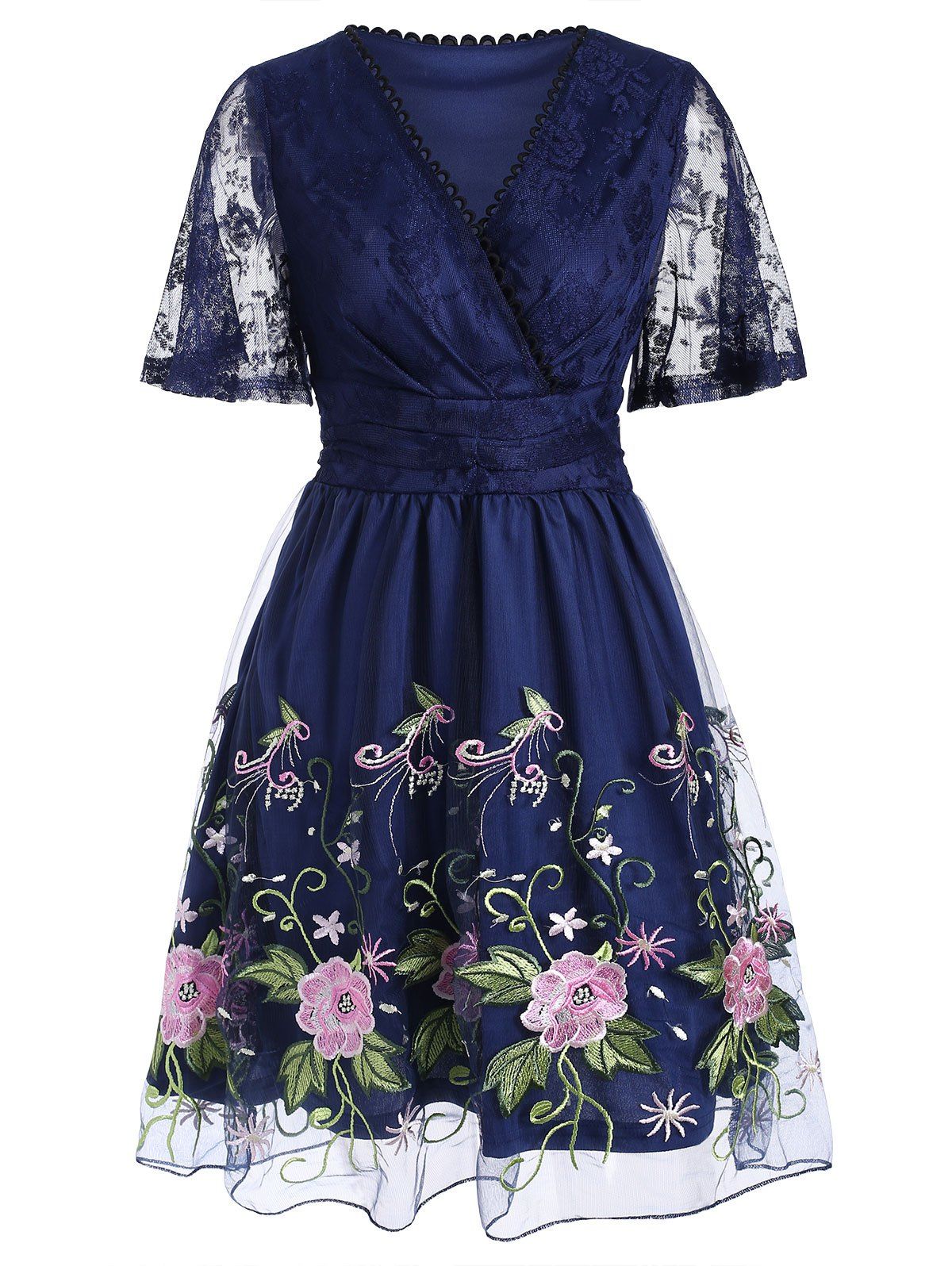 

Picot Floral Embroidered Mesh Overlay Dress, Deep blue