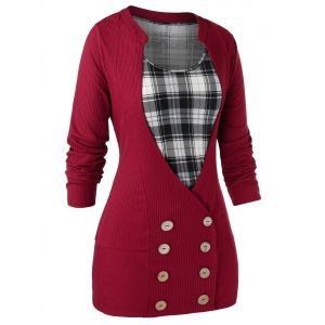 

Plus Size Buttons Cardigan With Plaid Tank Top Set, Multi a