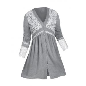 

Plus Size Guipure Lace Panel Button Loop Tunic Tee, Gray