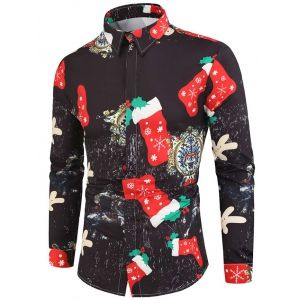 

Christmas Stocking Paper Character Print Button Shirt, Black