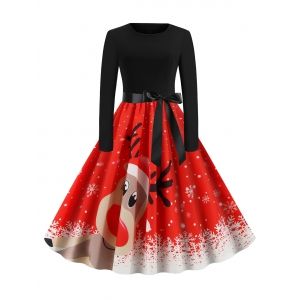 

Belted Long Sleeve Christmas Cartoon Elk Snowflake Plus Size Dress, Red