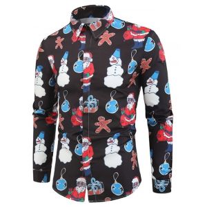 

Christmas Santa Snowmen Print Button Up Shirt, Black