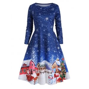 

Plus Size Christmas Snowflake Print A Line Dress, Blue