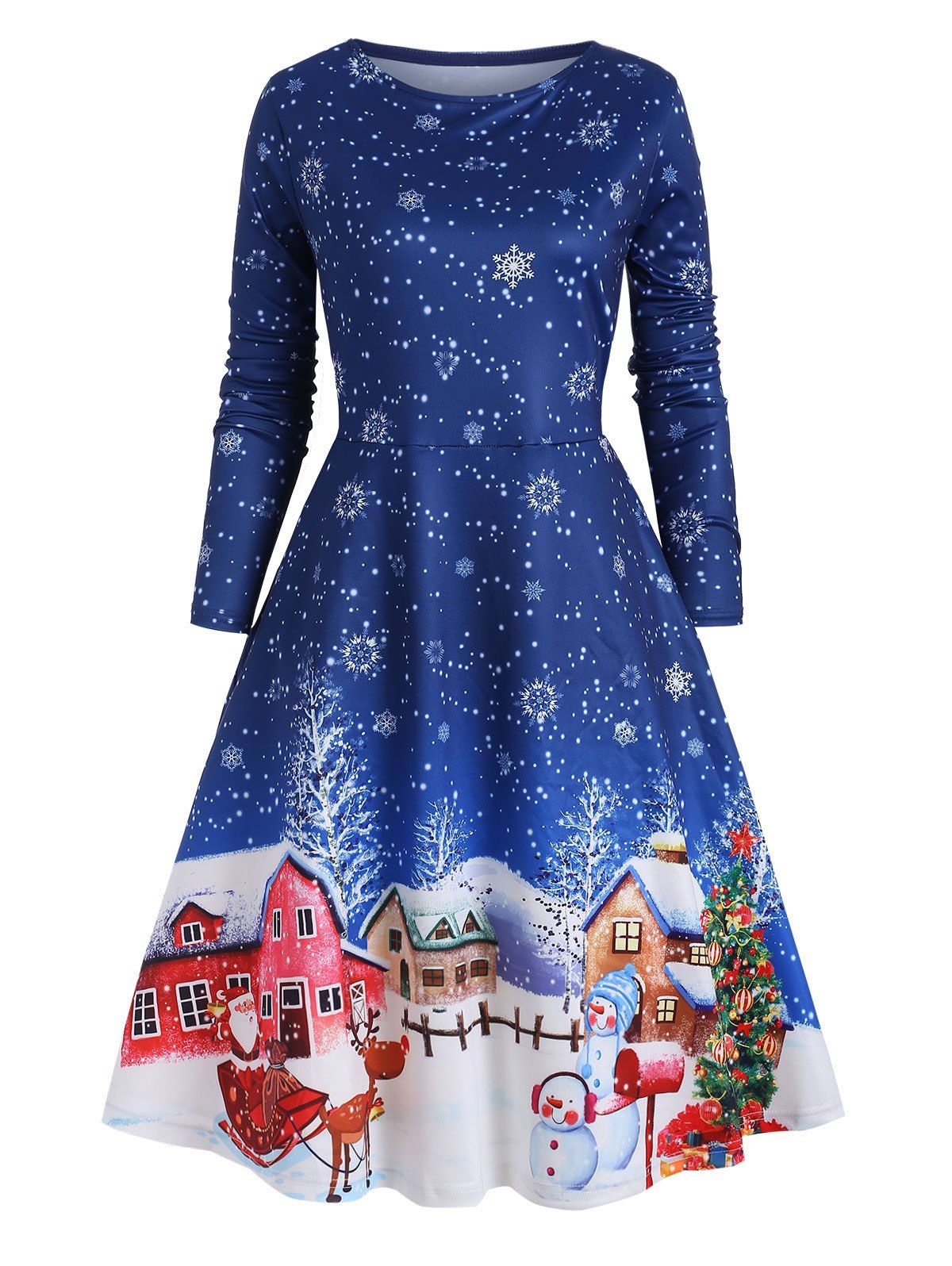 

Plus Size Christmas Snowflake Print A Line Dress, Blue
