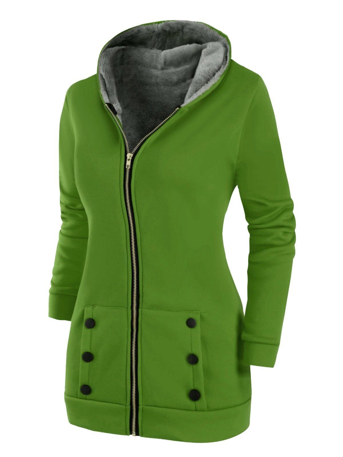 

Buttoned Hooded Faux Fur Lined Zip Front Plus Size Coat, Clover green